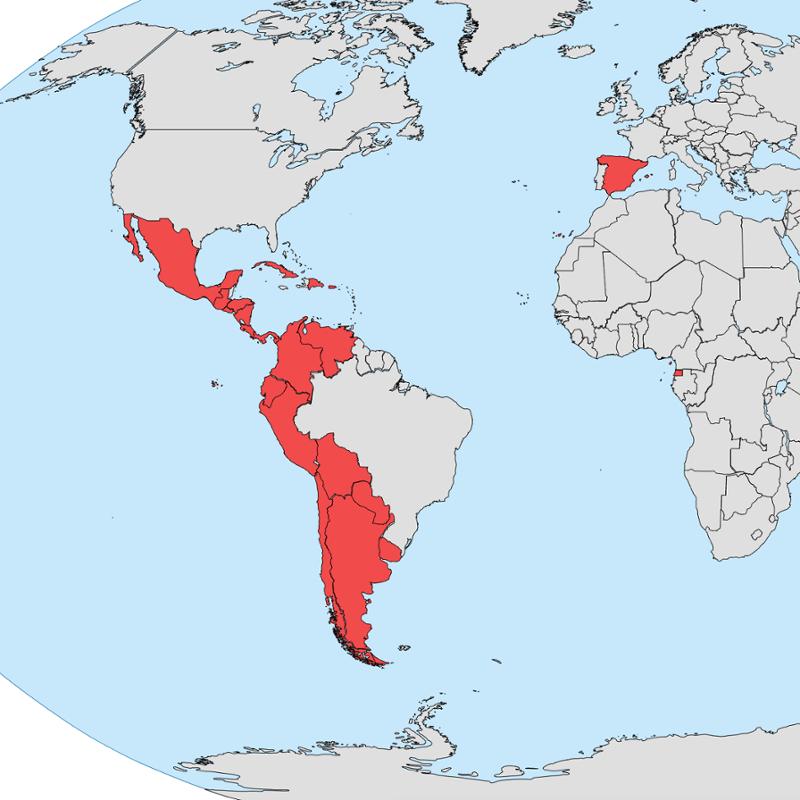 Verdenskart med offisielle spansktalende land. Unntatt Brasil er hele Latin- og Sør-Amerika rødt,  i tillegg til Spania og  Republikken Ekvatorial-Guinea. Illustrasjon