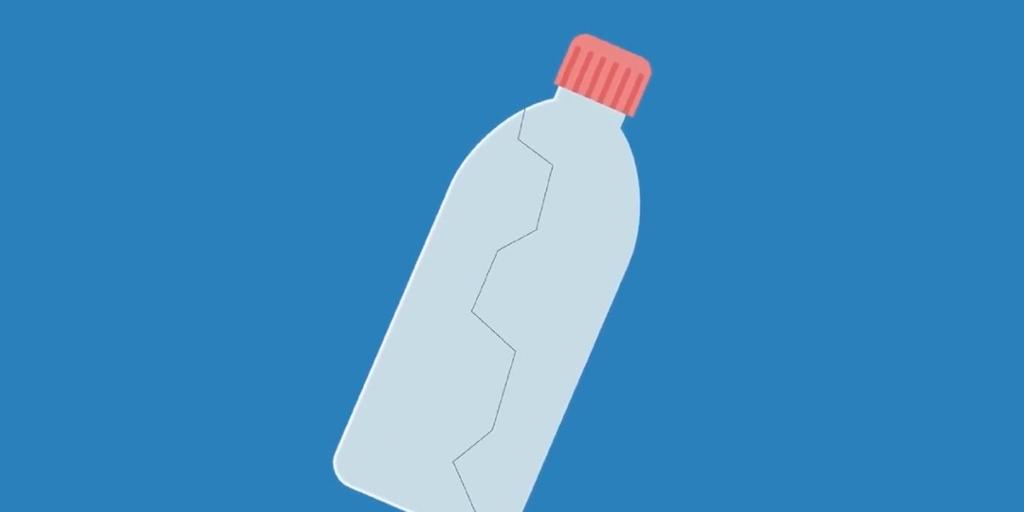 Plastflaske med rød kork på blå bakgrunn. Grafikk.