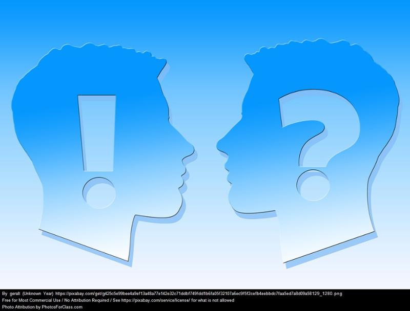 Drawing of the profile of two heads, one has a large exclamation point, the other a question mark. 