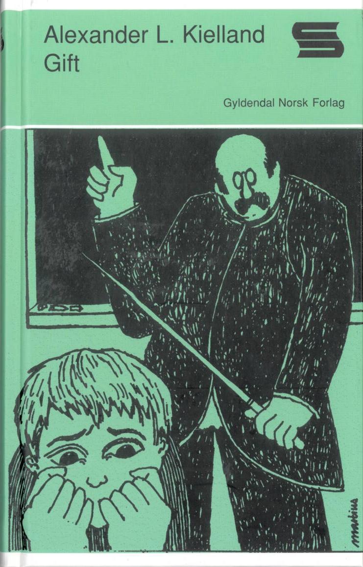 Omslag til boka Gift som viser en lærer som kjefter på en livredd liten gutt. Illustrasjon.