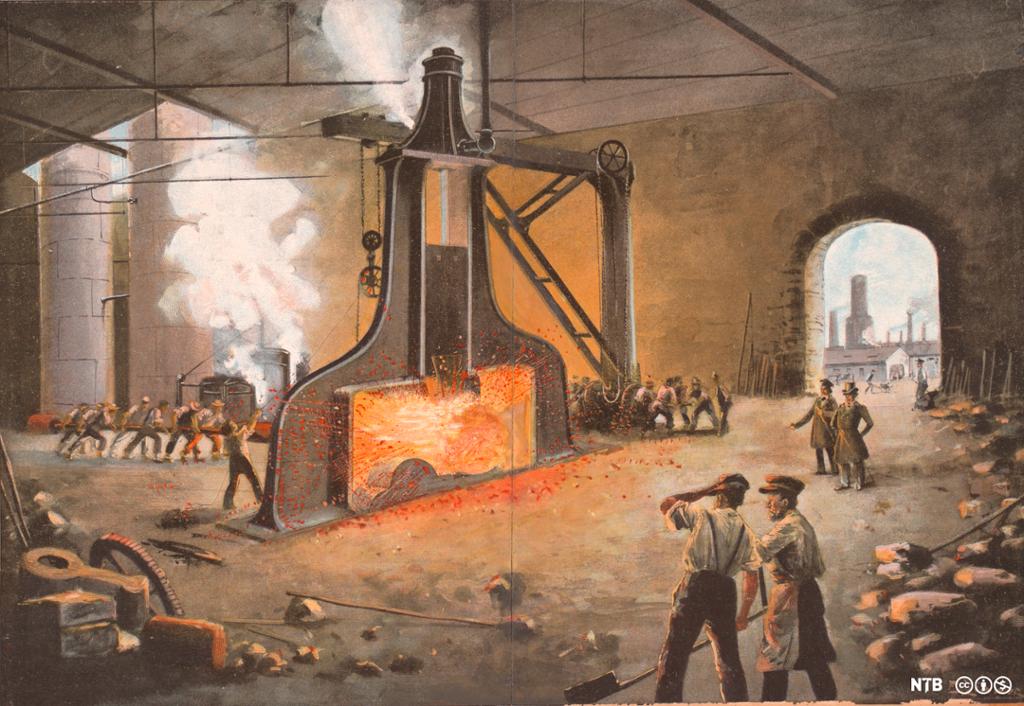 Painting: James Nasmyth's steam hammer. We see a pole of red hot metal inside a metal construction. Outside the building we see factory chimneys. There are groups of people working on the steam hammer, or looking at it. 