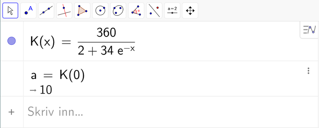 I algebrafeltet i GeoGebra er det skrevet inn K av x er lik 360 delt på parentes 2 pluss 34 ganger e opphøyd i minus x parentes slutt. I linja under står det a er lik K av 0 er lik 10. Skjermutklipp.