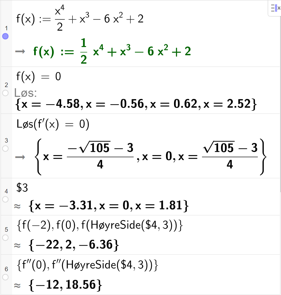 CAS-utregning med GeoGebra. På linje 1 er det skrevet f av x kolon er lik x i fjerde delt på 2 pluss x i tredje minus 6 x i andre pluss 2. Svaret er det samme. På linje 2 er det skrevet f av x er lik 0. Svaret med "Løs" er x er lik minus 4,58 eller x er lik minus 0,56 eller x er lik 0,62 eller x er lik 2,52. På linje 3 er det skrevet "Løs" parentes f derivert av x er lik 0 parentes slutt. Svaret er x er lik parentes minus roten av 105 minus 3 parentes slutt delt på 4 eller x er lik 0 eller x er lik parentes roten av 105 minus 3 parentes slutt delt på 4. På linje 4 er det skrevet dollartegn 3. Svaret med tilnærming er x er lik minus 3,31 eller x er lik 0 eller x er lik 3,31. På linje 5 er det skrevet sløyfeparentes f av minus 2 komma, f av 0 komma, f av parentes "HøyreSide" parentes dollartegn 4 komma, 3 parentes slutt parentes slutt sløyfeparentes slutt. Svaret er sløyfeparentes  minus 22 komma, 2 komma, minus 6,36 sløyfeparentes slutt. På linje 6 er det skrevet sløyfeparentes f dobbeltderivert av 0 komma, f dobbeltderivert av parentes "HøyreSide" parentes dollartegn 4 komma, 3 parentes slutt parentes slutt  sløyfeparentes slutt. Svaret er sløyfeparentes minus 12 komma, 18,56 sløyfeparentes slutt. Skjermutklipp.