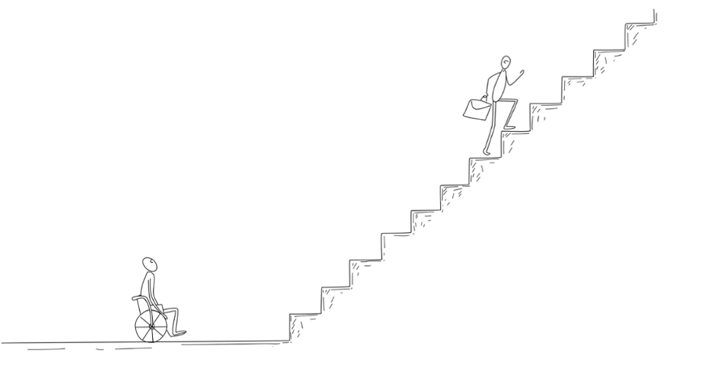 En person går opp en trapp, en annen sitter i rullestol nederst ved trappen. Illustrasjon.