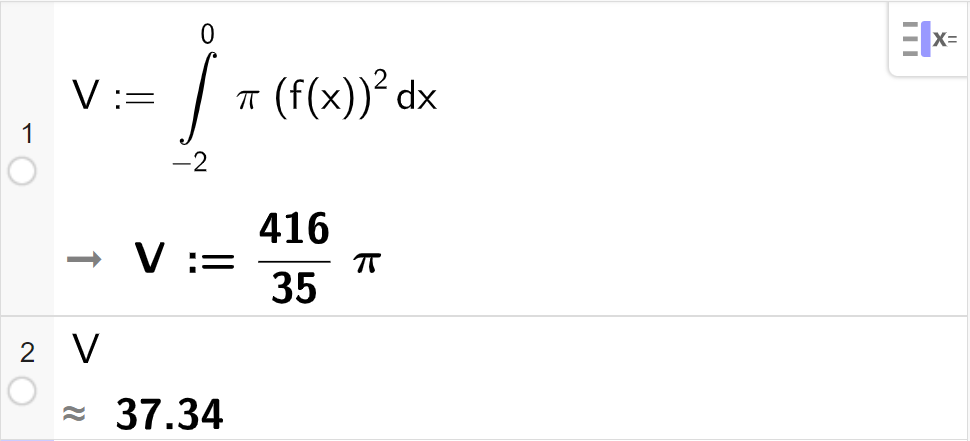 Skjermutklipp av CAS-utregning med GeoGebra. På linje 1 er integralet av pi multiplisert med f av x i andre fra minus 2 til 0 regnet ut til 416 trettifemdels pi. På linje 2 er dette tilnærmet til 37,34.