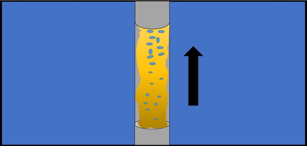 I et tverrsnitt av et rør ser vi en gul væske med små blå, avlange sirkler i. En svart pil ved siden av røret peker oppover. Illustrasjon.