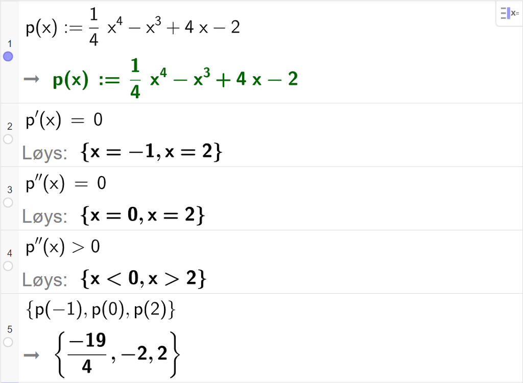 CAS-utrekning med GeoGebra. På linje 1 er det skrive p av x kolon er lik 1 firedels x i fjerde minus x i tredje pluss 4 x minus 2. Svaret er det same. På linje 2 er det skrive p derivert av x er lik 0. Svaret med "Løys" er x er lik minus 1 eller x er lik 2. På linje 3 er det skrive p dobbeltderivert av x er lik 0. Svaret med "Løys" er x er lik 0 eller x er lik 2. På linje 4 er det skrive p dobbeltderivert av x større enn 0. Svaret med "Løys" er x mindre enn 0 eller x større enn 2. På linje 5 er det skrive sløyfeparentes p av minus 1 komma, p av 0 komma, p av 2 sløyfeparentes slutt. Svaret er sløyfeparentes minus 19 delt på 4 komma, minus 2 komma 2 sløyfeparentes slutt. Skjermutklipp.