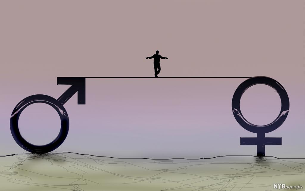Ein person går på line mellom symbola for mann og kvinne. Illustrasjon. 