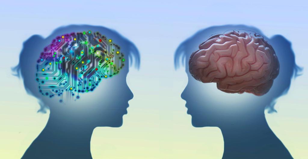 En person med hjerne som består av datakretser, og en person med vanlig hjerne står vendt mot hverandre. Illustrasjon.