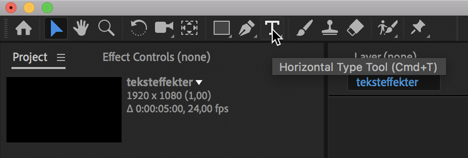 Tekstverktøy i After Effects. Musepekeren er plassert over et ikon av bokstaven T for å velge tekstverktøyet. Skjermutklipp.