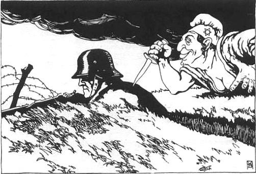Karikaturbilde av jødene som dolker den tapre tyske soldaten i ryggen ved fronten. Tegning.