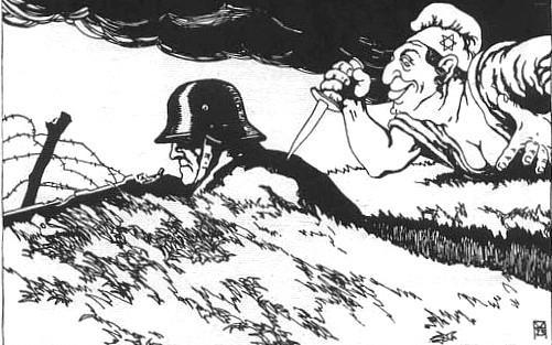 Ein tysk soldat med hjelm og gevær ligg på slagmarka. Ein karikert jøde med sleskt smil snik seg inn på han bakfrå. Postkort.
