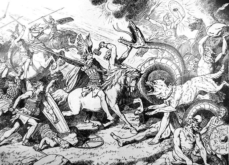 Ragnarok. Odin sitter til hest og skal til å stikke et spyd i Fenrisulven. I bakgrunnen ser vi Tor kjempe mot Midgardsormen. Illustrasjon.