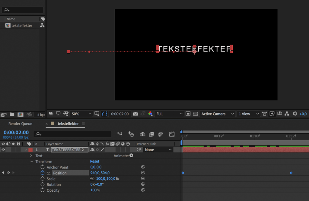 Arbeidsvindu i After Effects. Teksten er flyttet inn igjen på scenen, og en ny keyframe har dukket opp på tidslinja. Skjermutklipp.