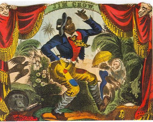 A colourful painting of a dancing black man on what appears to be a stage. The name Jim Crow is written above him.