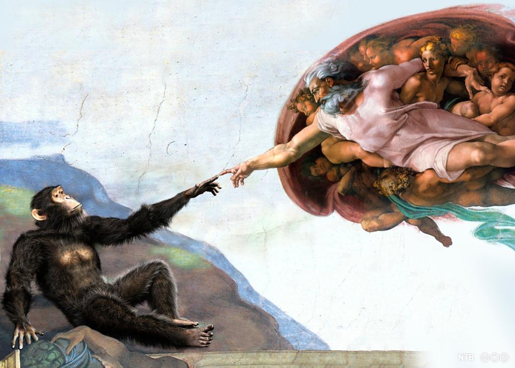 Ein ape rettar ut peikefingeren mot Gud. Måleri. 