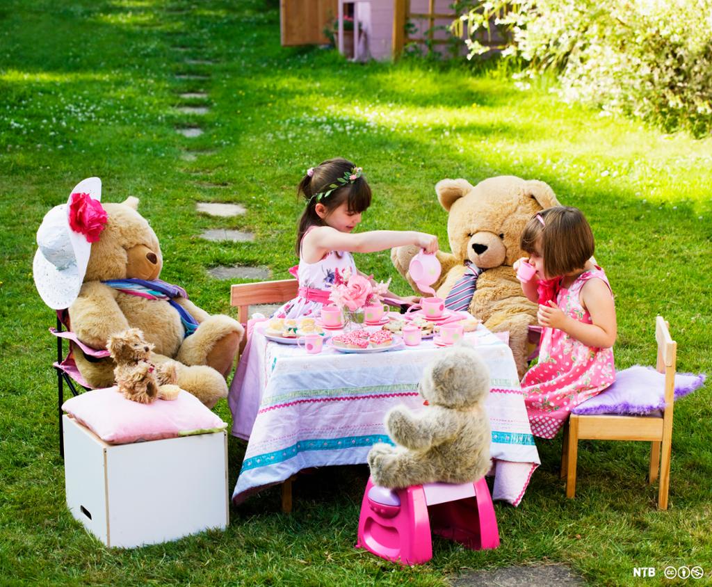To små jenter og fire teddybjørner er på piknik i hagen. De har dekket på et lite bord med duk. Den ene jenta skjenker leke-kaffe i koppen til den ene bamsen. Foto. 