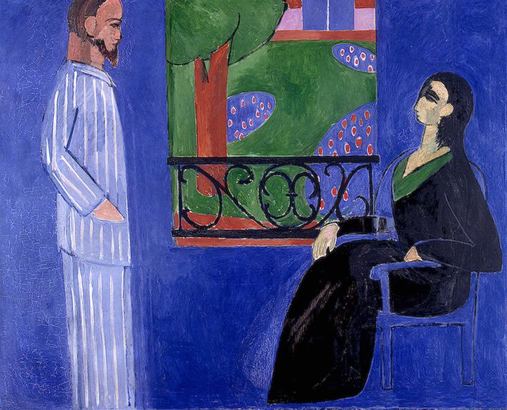 Painting: A man in striped pajamas is facing a seated woman, she is wearing a black dress. 
