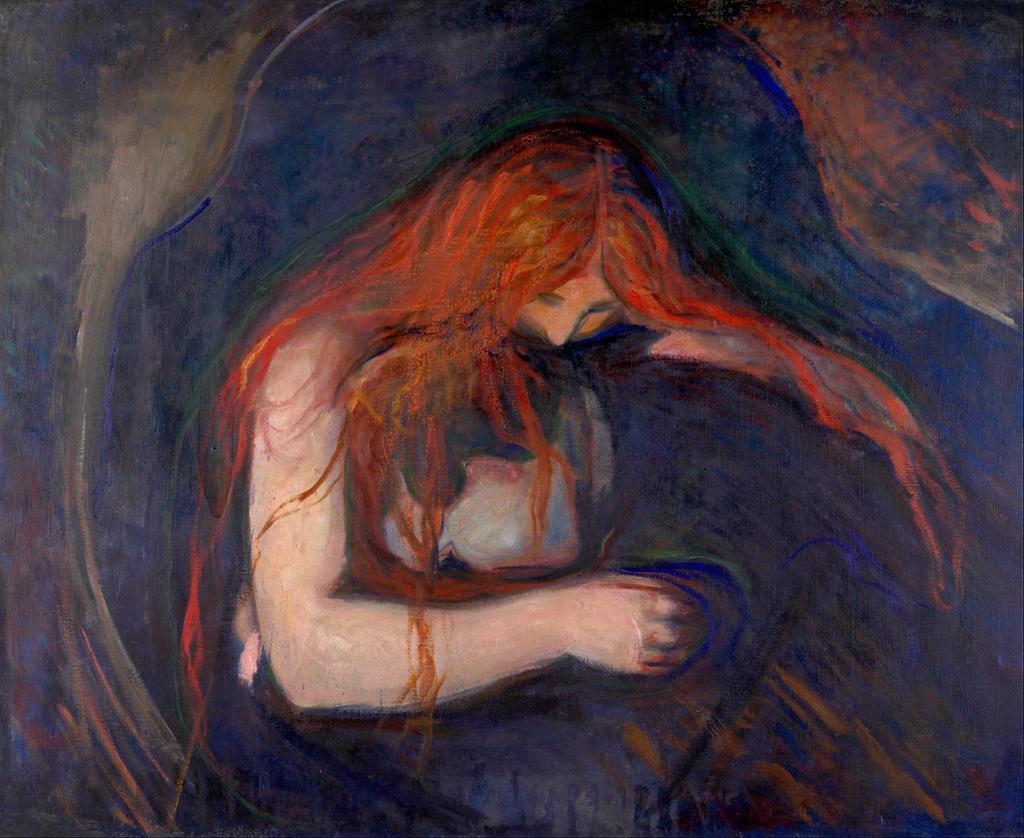 Painting: A red haired woman caresses a man. Her red hair envelopes them both. 