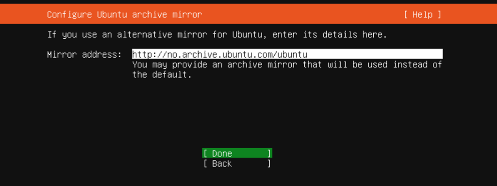 Veiledervindu med forslag til adresse for å hente oppdateringer. Skjermbilde fra Ubuntu Server 20.04.