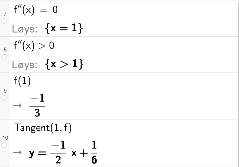 CAS-utrekning med GeoGebra. På linje 7 er det skrive f dobbeltderivert av x er lik 0. Svaret med "Løys" er x er lik 1. På linje 8 er det skrive f dobbeltderivert av x større enn 0. Svaret med "Løys" er x større enn 1. På linje 9 er det skrive f av 1. Svaret er minus 1 delt på 3. På linje 10 er det skrive "Tangent" parentes 1 komma, f parentes slutt. Svaret er y er lik minus ein halv x pluss 1 seksdel. Skjermutklipp.