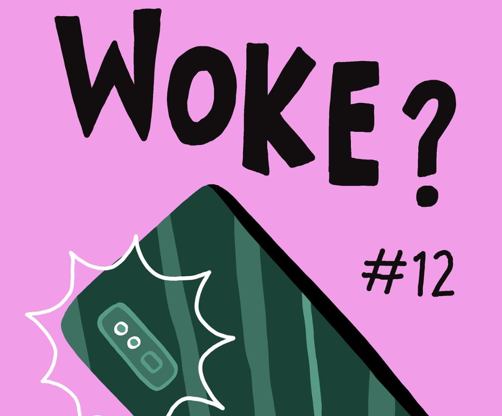 Utsnitt av filmplakat. Ei teikning viser ein grøn mobiltelefon mot ein rosa bakgrunn. Tittelen på plakaten er Woke?. Illustrasjon.