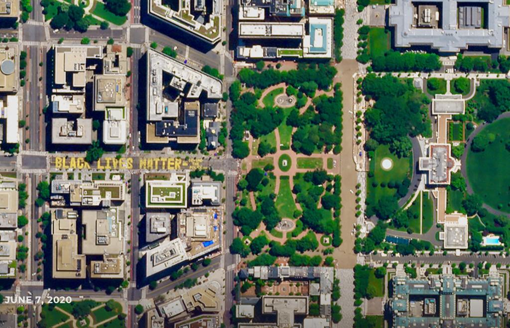 The Black Lives Matter mural on the road to the White House, photographed by the Planet Labs satellite orbiting overhead.