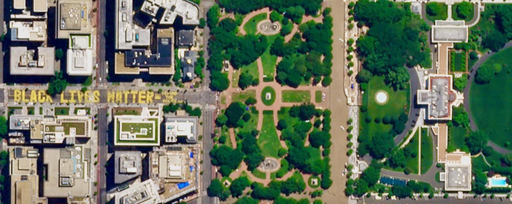 The Black Lives Matter mural on the road to the White House, as seen by the Planet Labs satellite orbiting overhead.