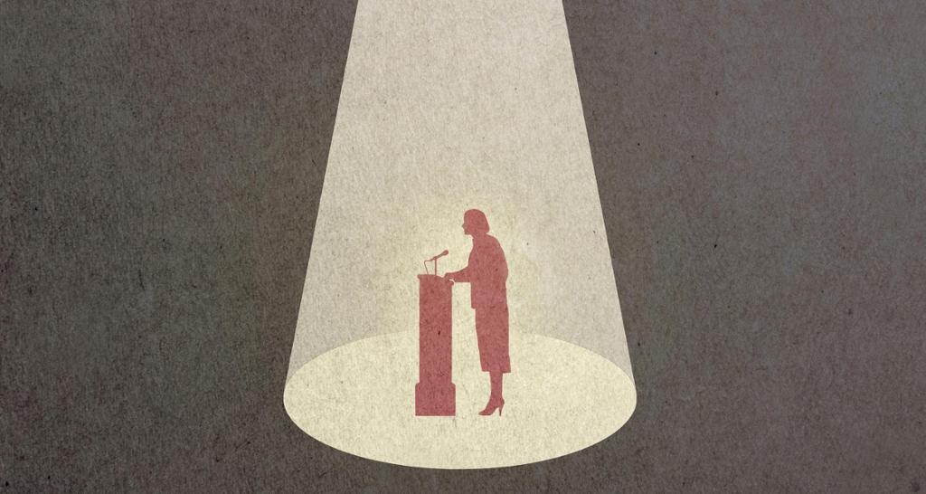 Mot en mørk bakgrunn står en formelt kledd kvinne ved en talerstol. Hun står i spotlight fra en lyskaster over henne. Illustrasjon.