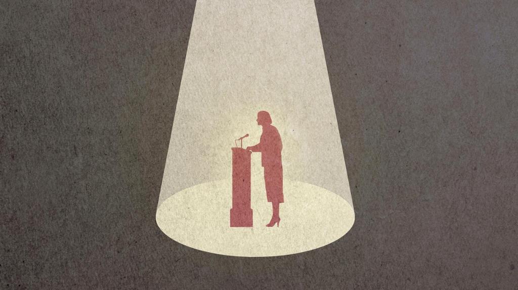 Illustrasjon av en velkledd kvinne som står ved en talerstol under lyset fra en lyskaster.