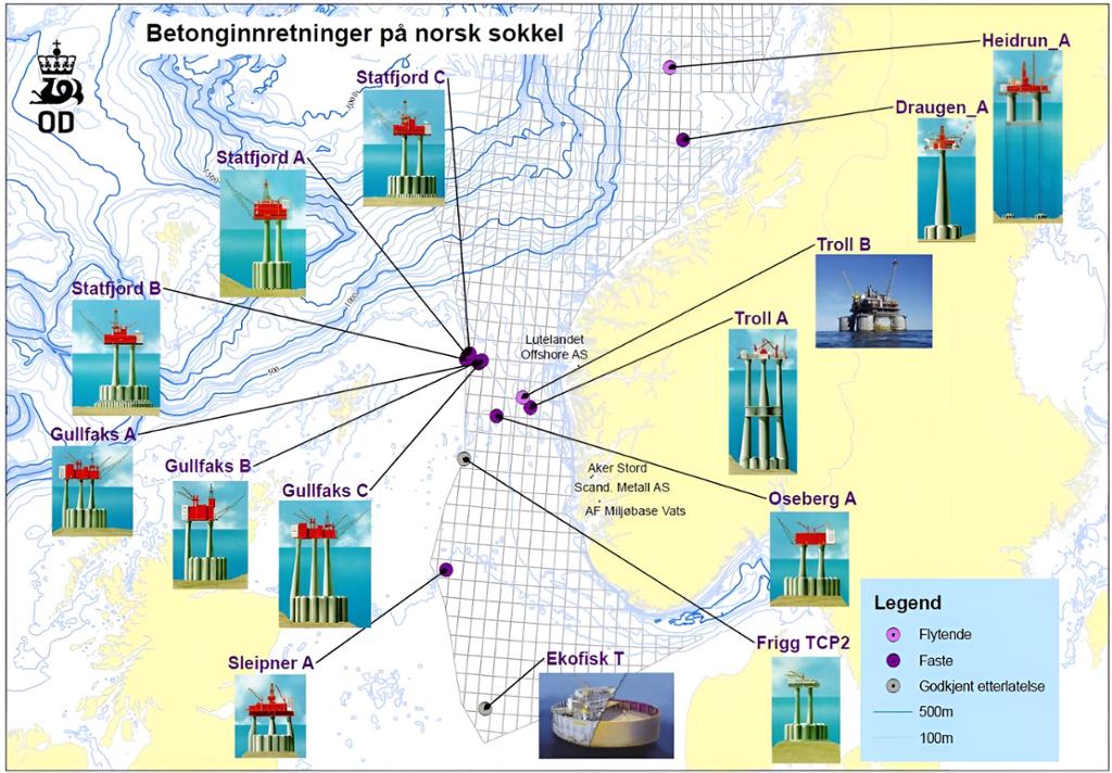 Kart som viser installasjoner som er laget av betong og tatt i bruk på norsk sokkel. Illustrasjon.